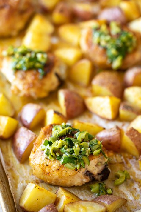 Chicken Tray Bake with Potatoes and Meyer Lemon Olive Salsa