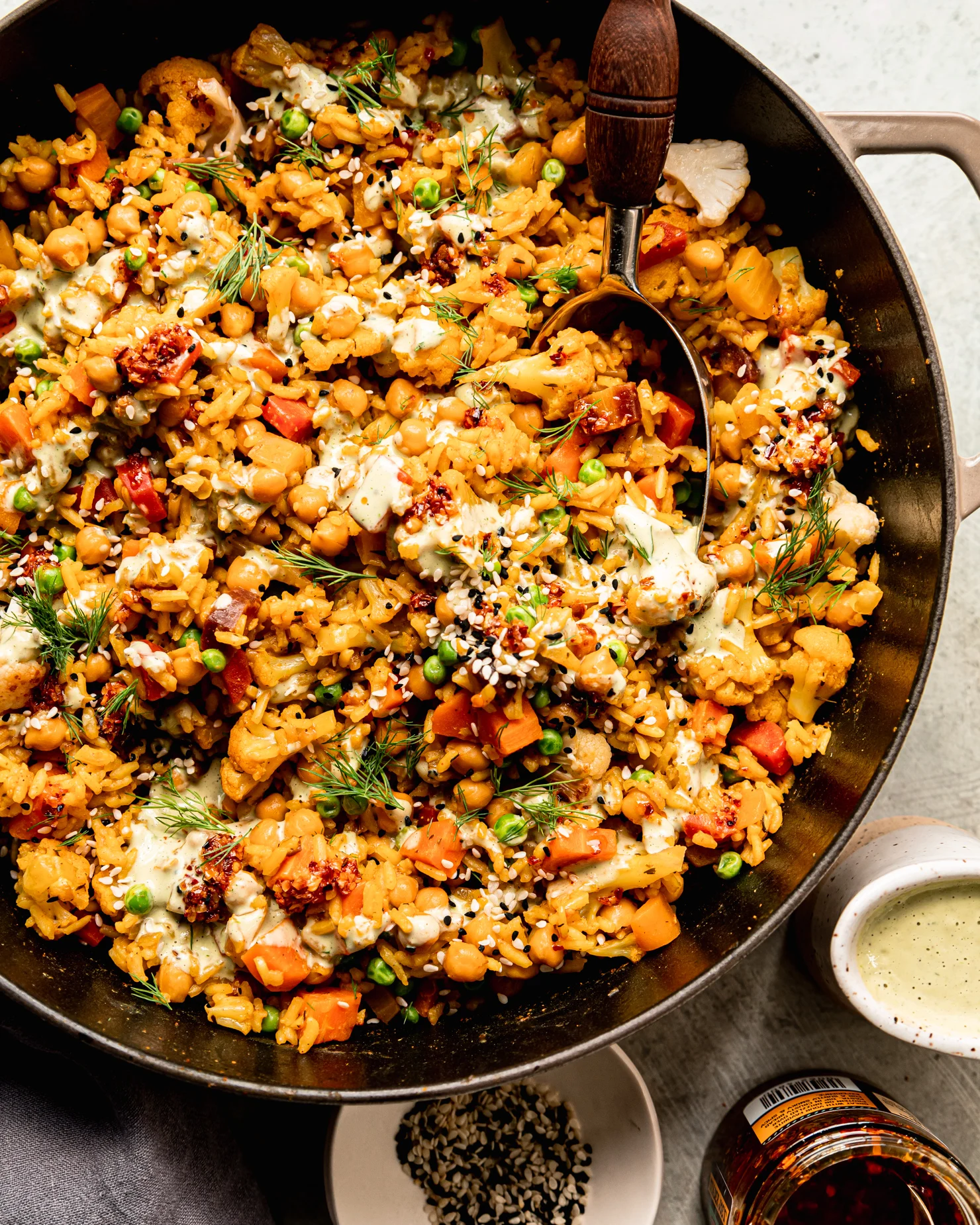 One-Pot Rice and Veggies with Chickpeas & Dilly Tahini